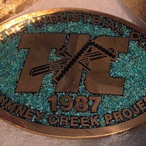 Vintage 1987 Metal Belt Buckle, Solid Brass, Blue Crushed Turquoise Stones, TIC